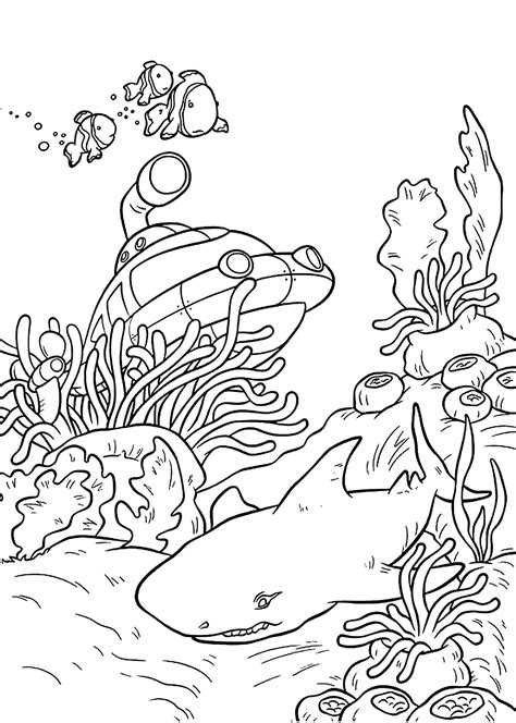 Submarino y Pez Tiburón para colorear imprimir e dibujar Dibujos