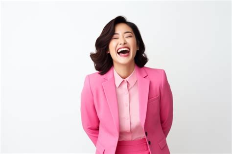 Premium Ai Image Asian Business Woman Laughing Wearing Pink Suit