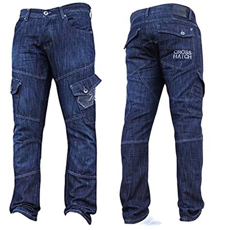 Mens Jeans Crosshatch New Cargo Combat Stonewashed Straight Leg Jeans