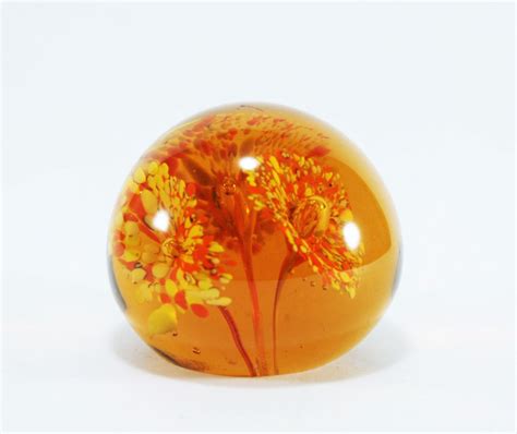 Vintage Art Glass Paperweight In Amber Yellow And Orange Flower Burst Vintage Hand Blown