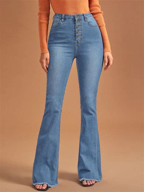 High Waist Button Front Flare Leg Jeans Flare Leg Jeans Denim Flare