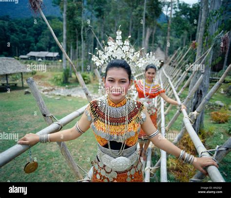 Iban Women Dressed In Traditional Costume Sarawak Malaysia Stock