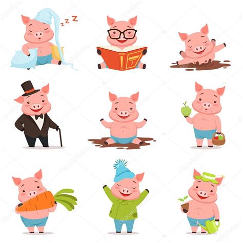 Funny Little Pigs In Different Situations Set Colorful Cartoon
