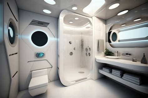 Futuristic Bathroom With Futuristic Fixtures And Sleek Design Stock