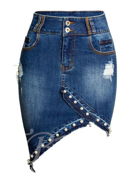 Denim Bodycon Ripped Bead Womens Skirt Irregular Denim Skirt Denim Skirt Womens Bodycon Skirt