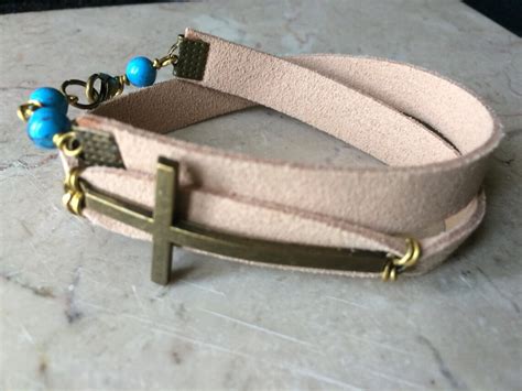 Beige Leather Wrap Bracelet With Bronze Tone Cross And Etsy