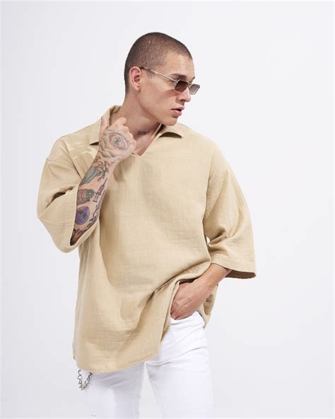 Mens Oversized Linen Fabric Shirt With V Neck In Beige Martin Valen