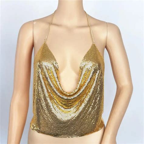 Sexy Summer Cop Top Metal Sequins Metal Halter Cropped Top Backless Harness Tube Deep V