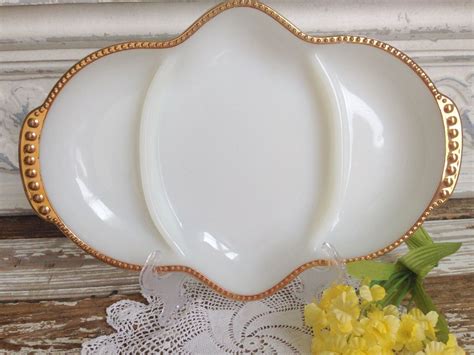 Vintage Fire King Milk Glass Divided Relish Dish With 22k Gold Beaded
