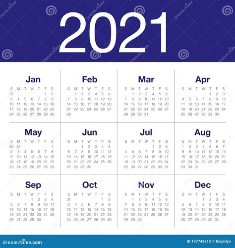 Kalendervektor Entwurfsschablone Des Jahres 2021 Vektor Abbildung