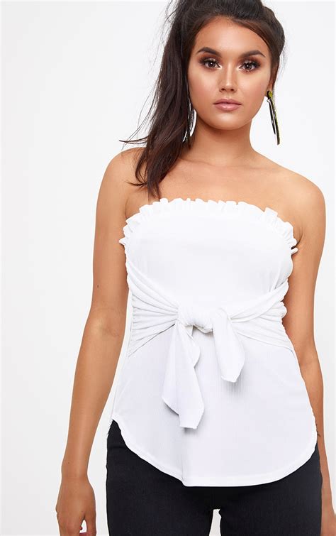 White Bandeau Frill Tie Front Top Tops Prettylittlething