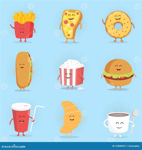 Set Of Cute Cartoon Fast Food Characters Stock Vector Illustration