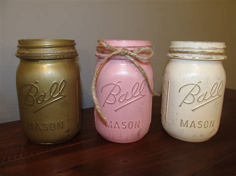 Vintage Pink Painted Mason Jar Set With Twine Mason Jars Pink Paint