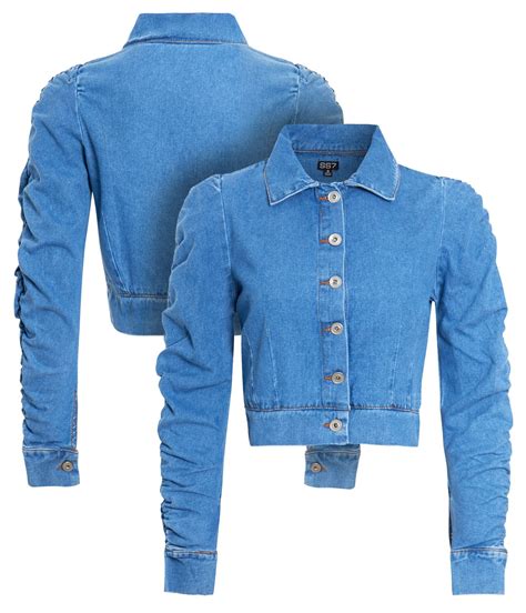 Womens Size 10 8 16 14 12 Puff Sleeve Denim Jacket Ladies Jean Crop Jackets Blue Ebay