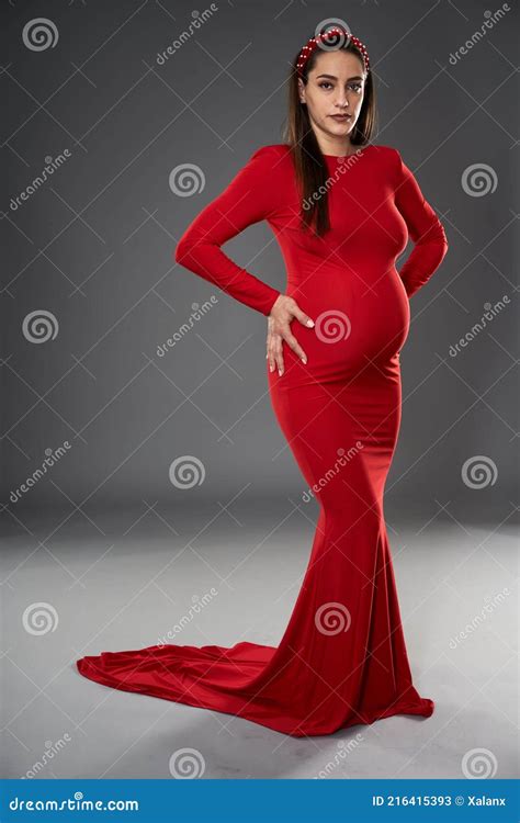 Pregnant Woman In Red Dress Stock Image Image Of Latin Person 216415393