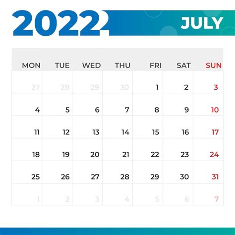 Calendário De Julho De 2022 Vetor Premium