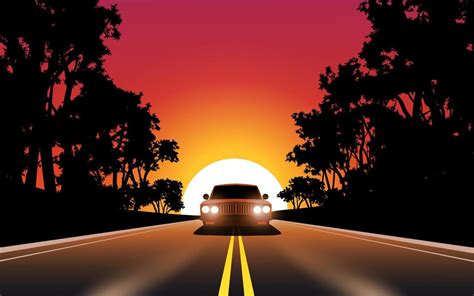 Car Sunset Driving Vector Illustration A Car Running On Highway At