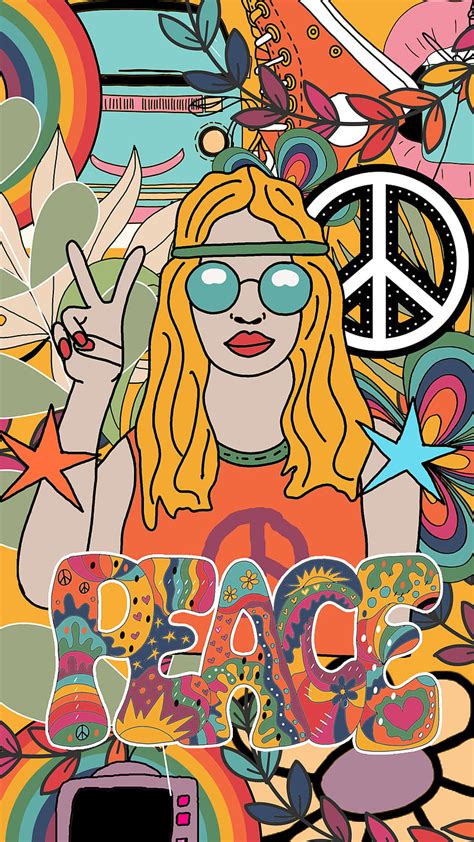 Hippie Girl Retro Vibe Boho Colors Drawing Dom Love Peace Pop