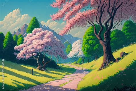 Beautiful Spring Landscape Anime Landscape Cartoon Nature Art