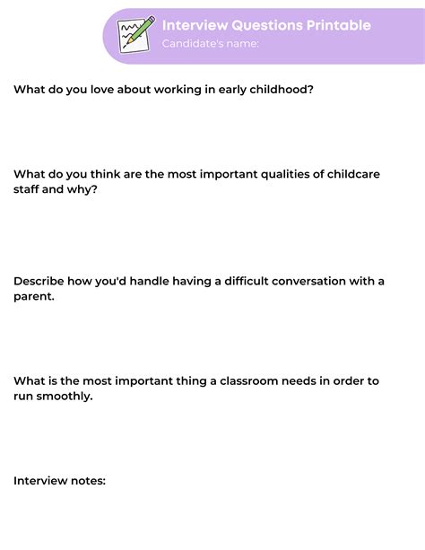 Childcare And Preschool Staff Interview Questions Template