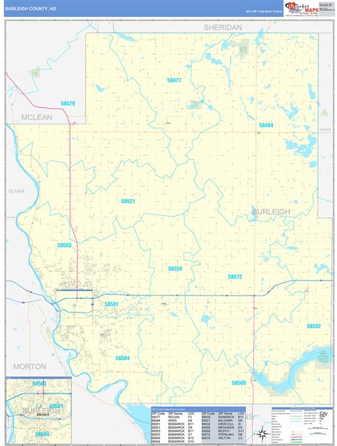 Burleigh County, ND Zip Code Wall Map Basic Style by MarketMAPS