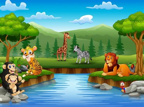 Premium Vector Animals Cartoon Are Enjoying Nature By The River