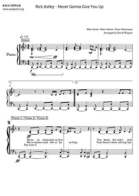 Rick Astley Never Gonna Give You Up Sheet Music Notes Chords Download