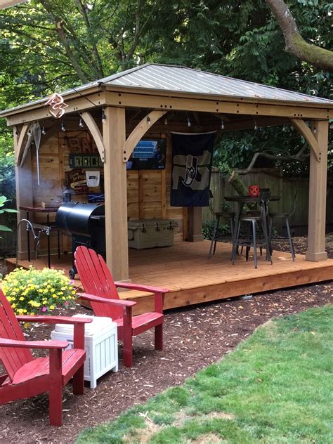 Backyard sheds come in sizes ranging from 8x8 to 14x40 with standard 6' walls or the optional 8' walls. Costco gazebo + free pallet wood for wall. Go Hawks ...