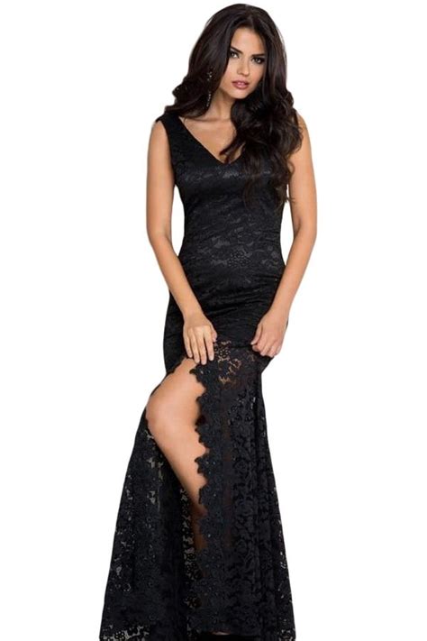Cheap Elegant Sleeveless Long Black Lace Prom Dress Online Store For Women Sexy Dresses
