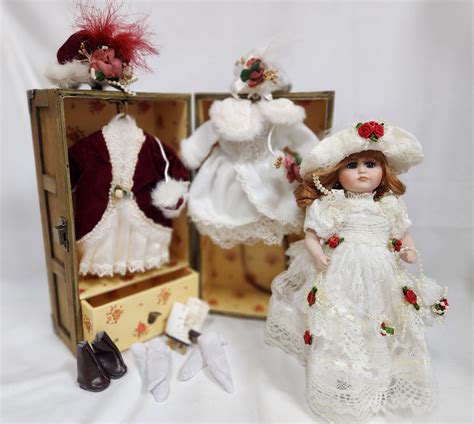 Vintage Victorian Style Porcelain Doll With Wooden Carry Trunk And 2