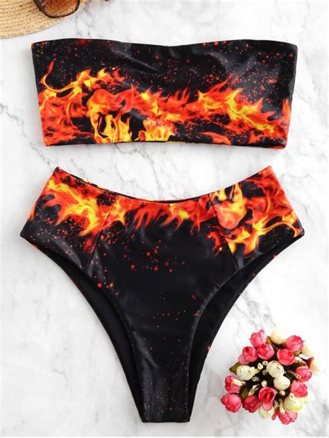 64 Off 2021 Zaful Fire Print High Leg Bandeau Bikini Swimsuit In