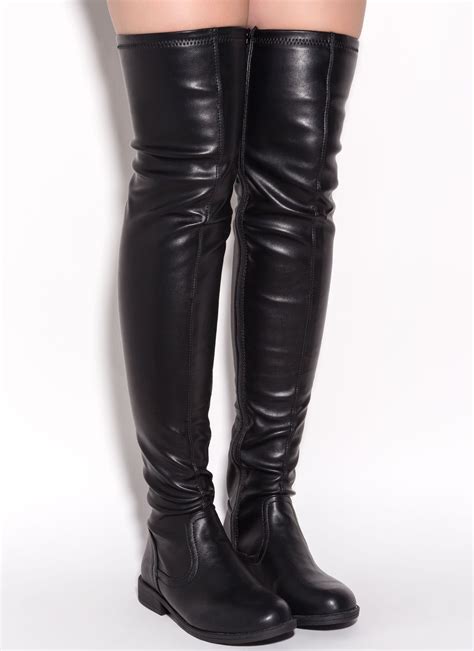 Over The Knee N Out Faux Leather Boots Black Black Leather Boots
