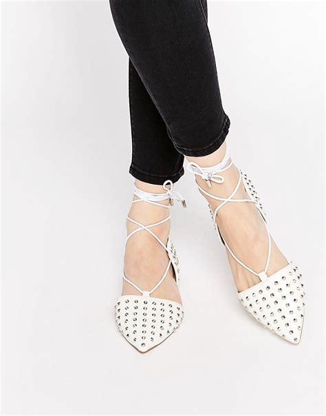 Image 1 Of Asos Launch Studded Lace Up Ballet Flats Lace Up Ballet