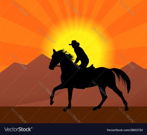 Cowboy Riding A Horse In A Sunset Silhouette Vector Image
