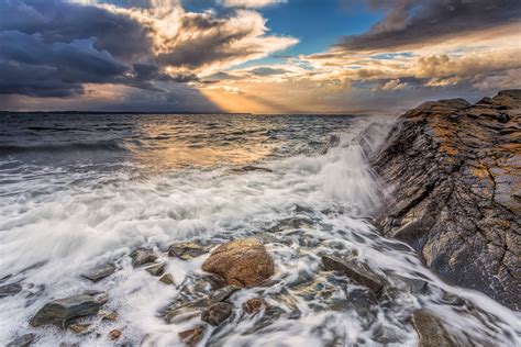 Sunset Rocks Sea Waves Landscape Wallpaper 5472x3648 468820