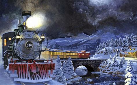 Download Snow Mountain Forest Bridge House Town Locomotive Train