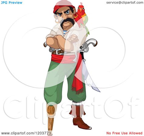 Cartoon Of A Mad Male Pirate With A Parrot Peg Leg And Folded Arms