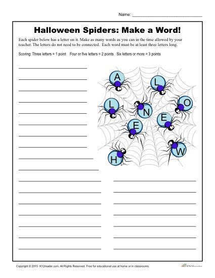 Halloween Spiders Make A Word Printable Halloween Word Activity