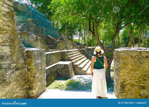 Tourist Exploring Cahal Pech Mayan Ruin San Ignacio Belize Stock