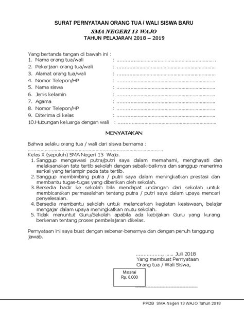 Dengan ini saya menyatakan bahwa saya bertanggung jawab untuk menanggung semua biaya pendidikan anak saya tersebut di atas selama menjadi siswa smk pgri lemahabang, yaitu : Surat Pernyataan Orang Tua Siswa Baru Sma - Kumpulan Surat ...