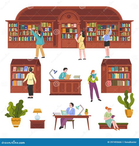 Educational Library or Bookstore with Readers Stock Illustration