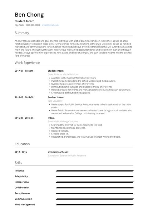 Using public relations assistant instead of the official job title of student assistant. Student Intern - Resume Samples and Templates | VisualCV