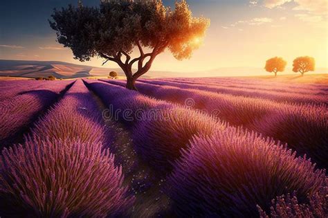 Purple Lavender Field In Provence At Sunset Lavender Generative Ai