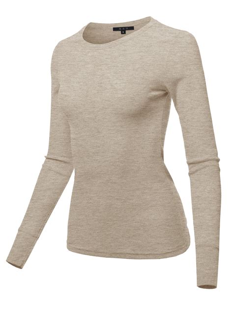 A2y Womens Basic Solid Long Sleeve Crew Neck Fitted Thermal Top Shirt Oatmeal M