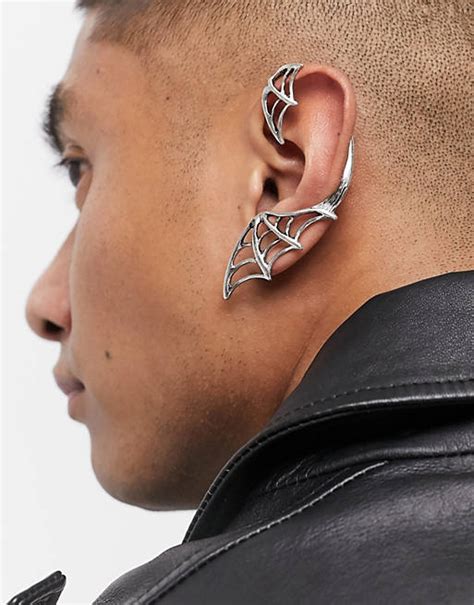 Asos Design Halloween Ear Cuff With Cobweb Design In Burnished Silver