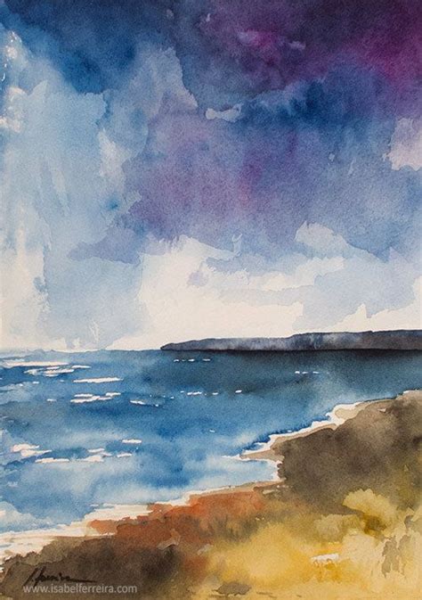 Watercolor Seascape Purple Sky Original Watercolor Beach Etsy In 2021