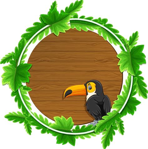 Round Green Leaves Banner Template With A Toucan Cartoon Character