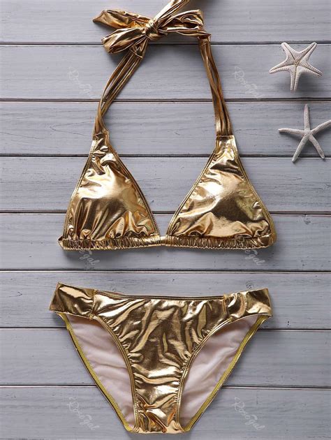 Women S Halter Beach Gold Metallic Bikini In Golden Xl Rosegal Com