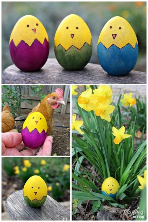 Four Different Pictures Of Painted Eggs With Chickens And Flowers In