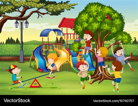Many Children Playing In The Park Royalty Free Vector Image